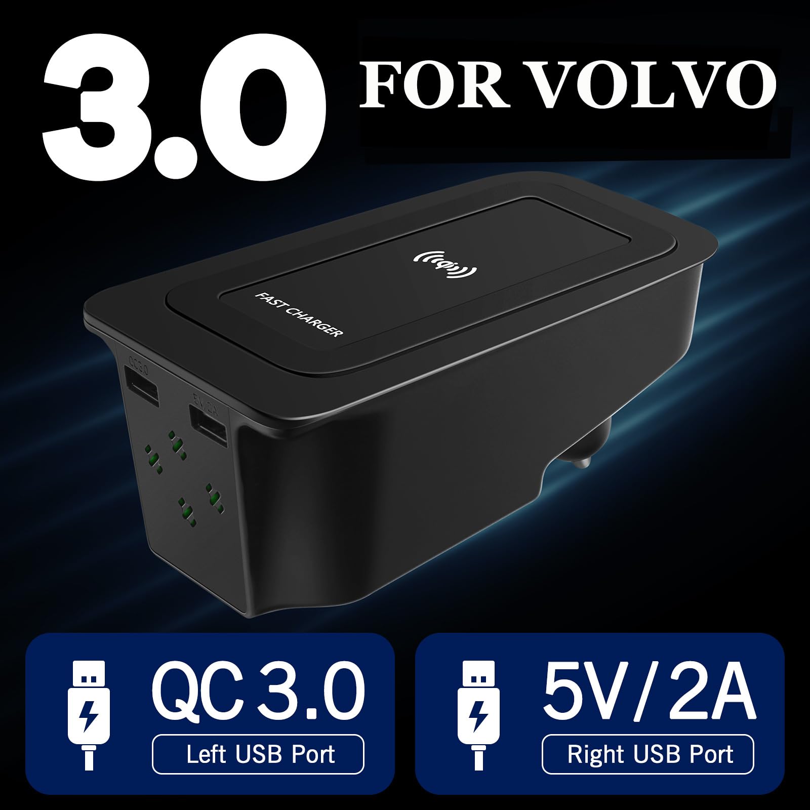 Caricabatteria da auto wireless per XC90/XC60/S90/V90/V60, 15 W, ricarica rapida, caricabatterie wireless per telefoni cellulari con porta USB QC 3.0 (nero)