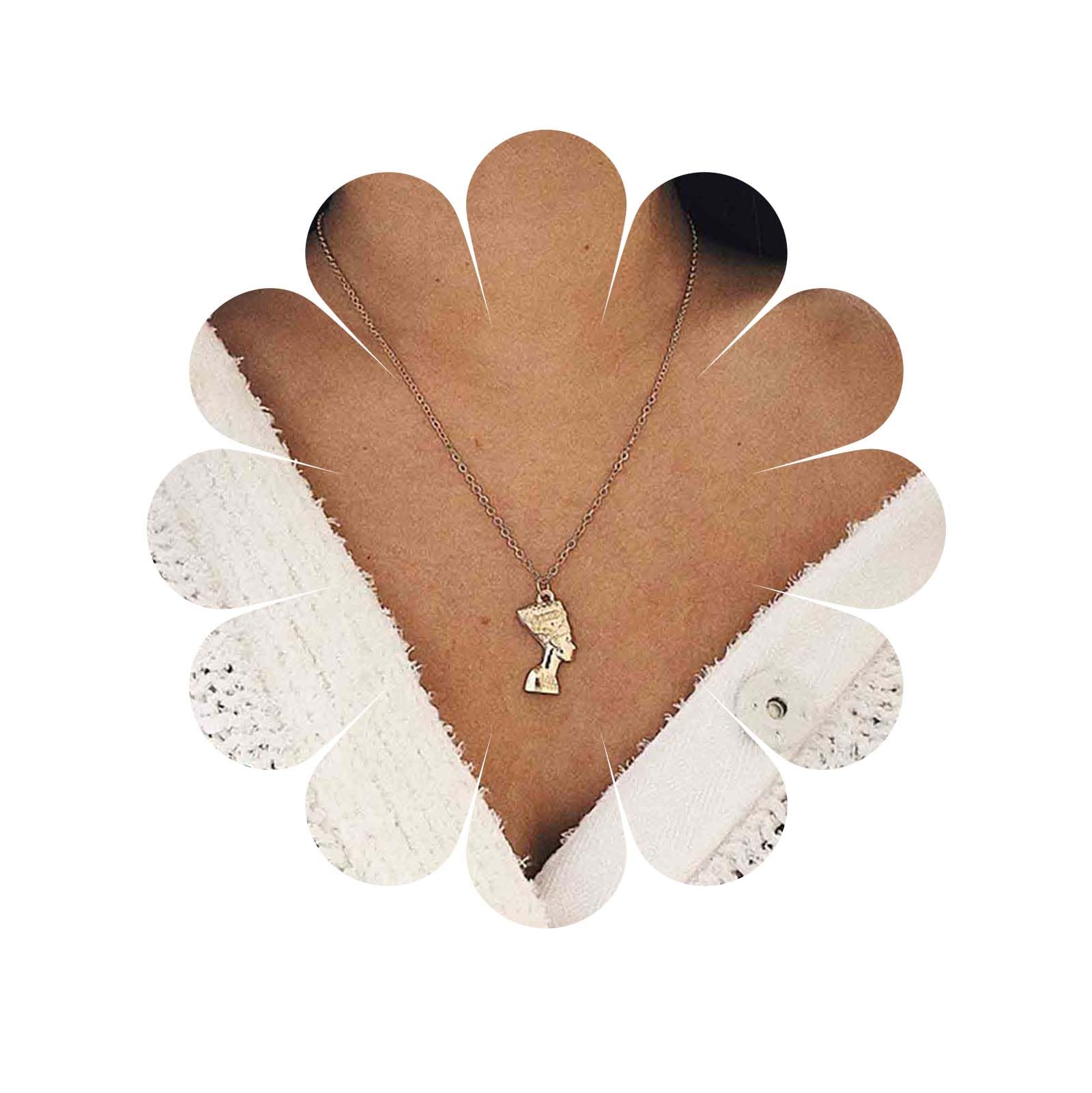 InilbranBoho Egyptian Queen Necklace Vintage Egyptian Pharaoh Pendant Necklace Nefertiti Head Choker Necklace Old Queen King Nefertiti Necklace Chain Jewellery for Women and Girls