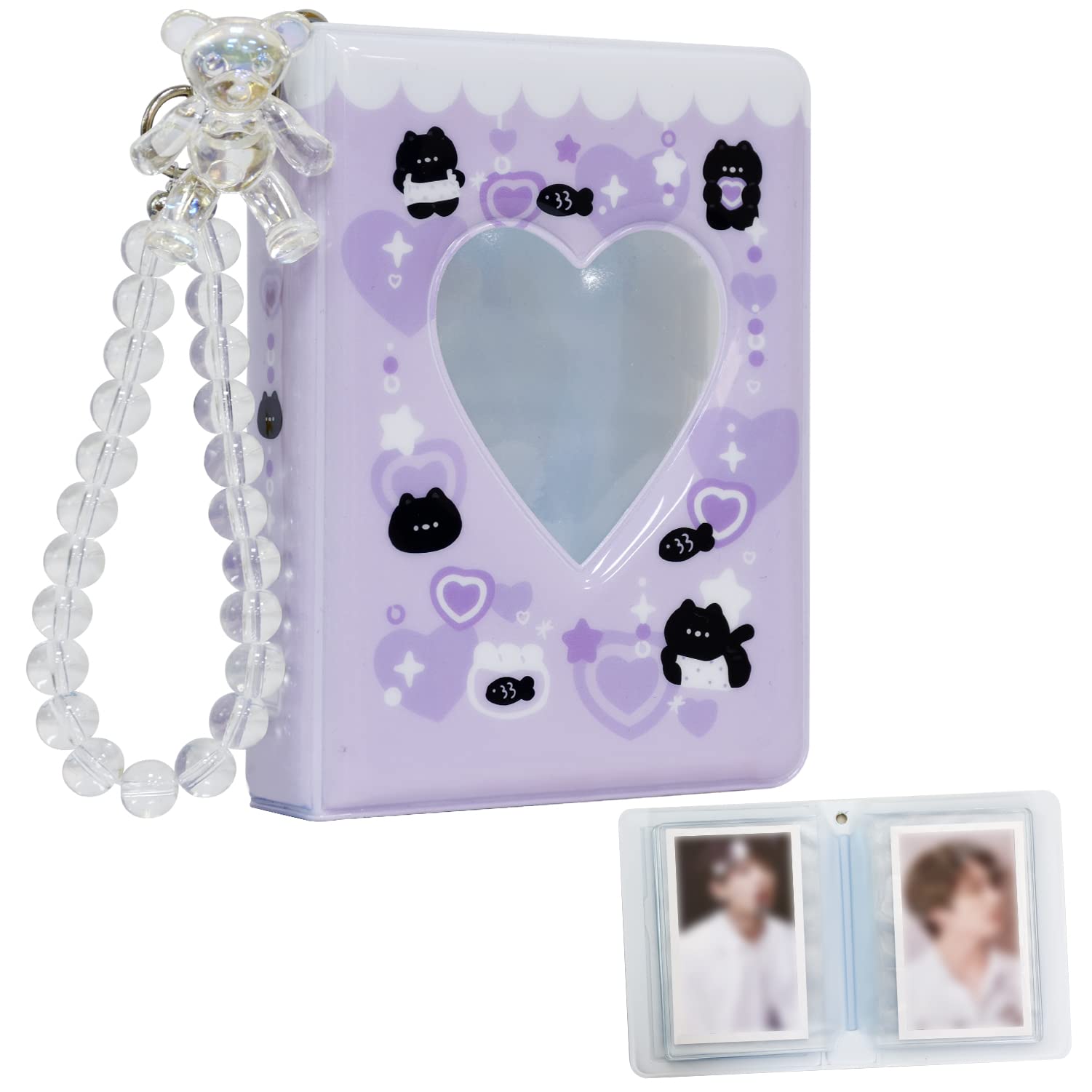 Babyfond Mini album fotografico da 7,6 cm, con 40 tasche a forma di cuore, raccoglitore per carte di cartone animato, album fotografico con idoli Kpop, con catene da appendere a forma di