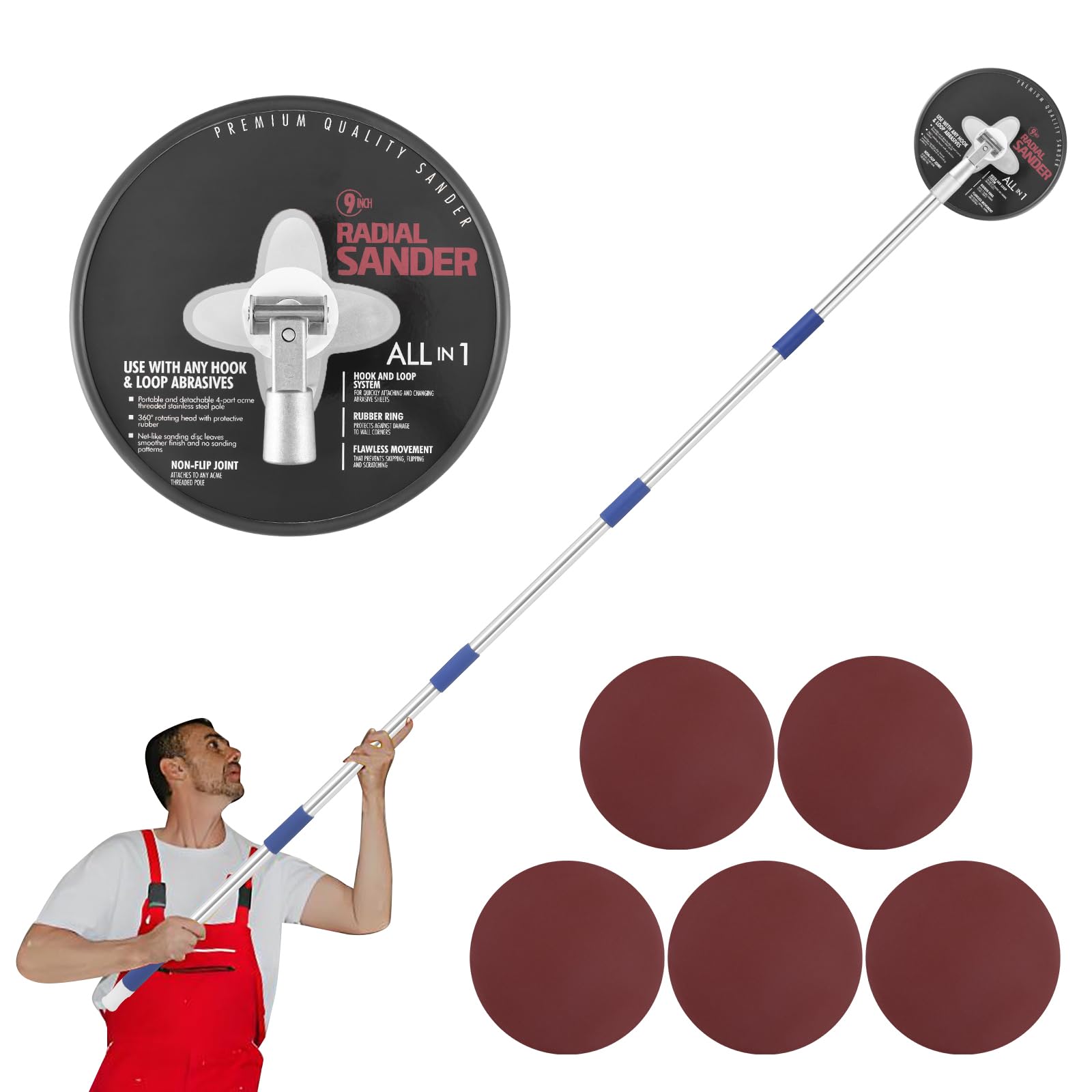 Lijadora de poste para paneles de yeso, lijadora radial de 9 pulgadas con barra de extensión ajustable de 49-90 pulgadas, lijadoras de pared para preparación de pintura, cabezal de lijado circular