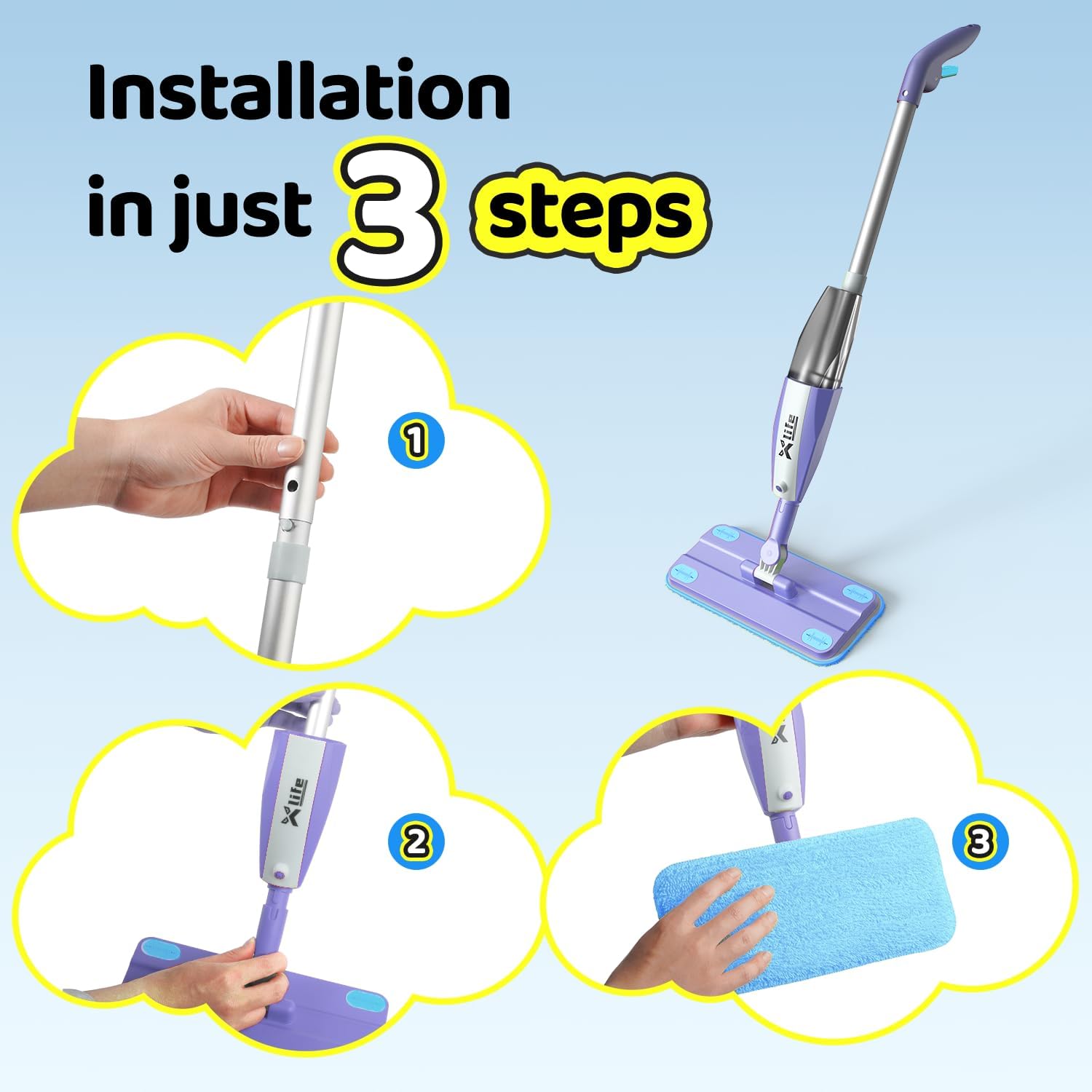 Xlife Kids Spray Mop & Sweeper Set Age 3-8 with Real Water Spray, Montessori Pretend Play Gift, Washable Microfiber Pads & Storage Hanger (Purple)