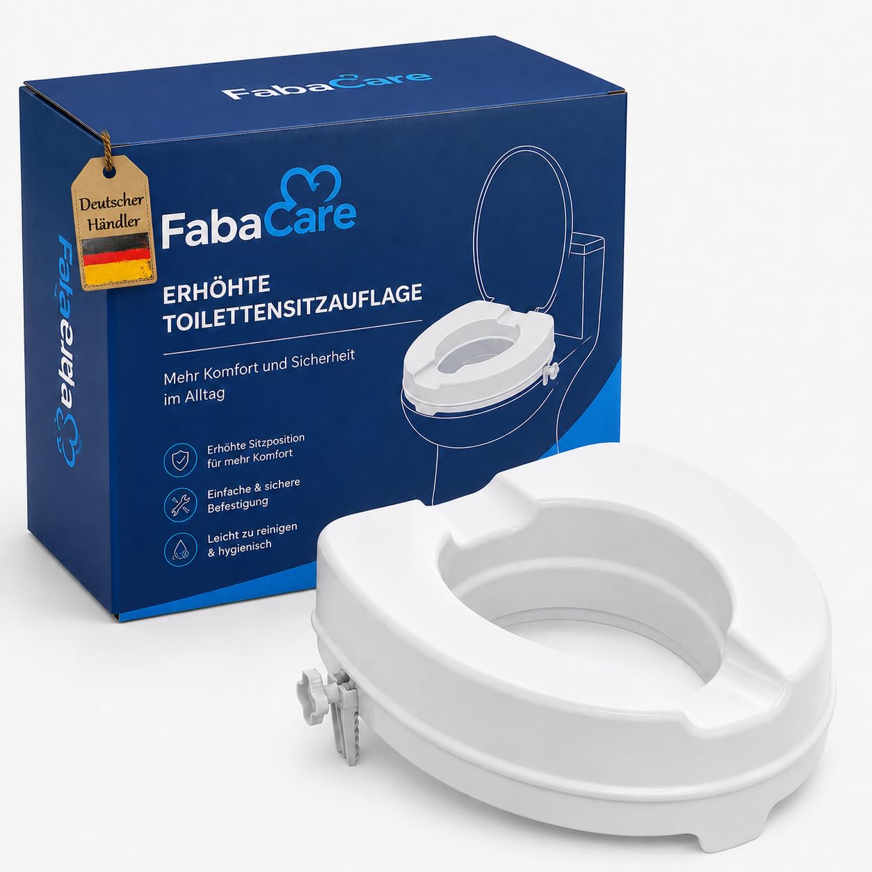 FabaCare Toilettensitzerhöhung Smart 10 cm ohne Deckel, 250 kg belastbar | WC-Erhöhung mit Hygieneausschnitt, Fixierschrauben und rutschsicherem Toilettenaufsatz