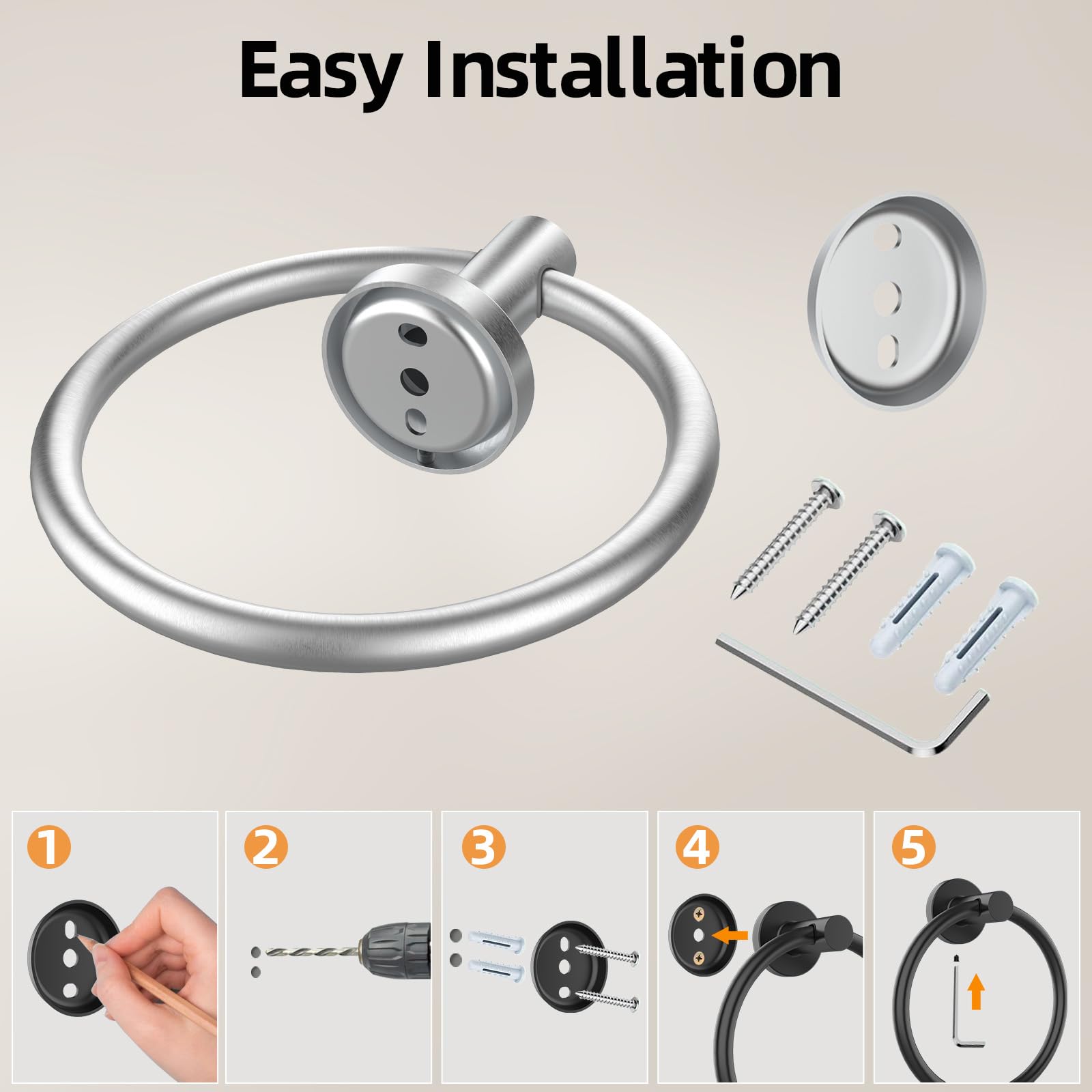 SUS304 - Toallero de acero inoxidable para baño, cocina, colgador de toallas de estilo moderno, soporte para toallas de anillo grueso, toallero redondo montado en la pared (2, plateado)