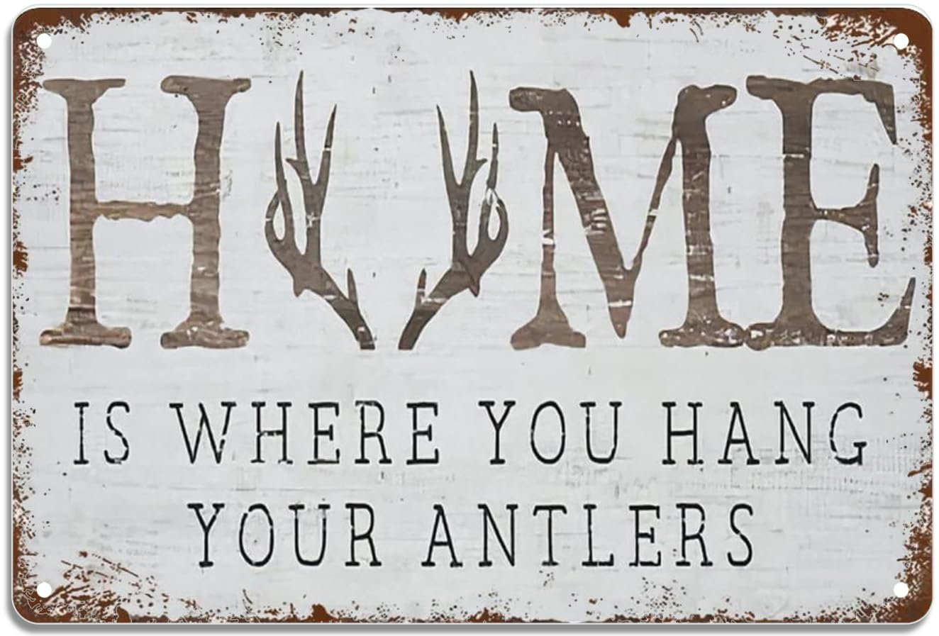 Divertente targa in metallo vintage con scritta in lingua inglese "Home is where you hang your antlers", dipinto in ferro, per casa, famiglia, amanti, regalo, divertente, camera da letto