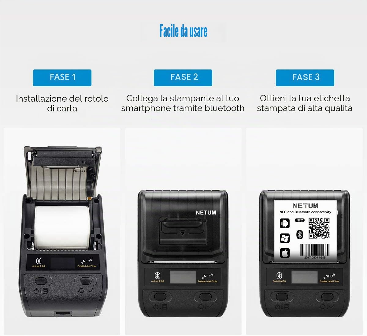 NETUM 58mm Stampante per etichette termiche Bluetooth con batteria ricaricabile, per ufficio, magazzino, spedizione, abbigliamento e gioielli, NT-G5