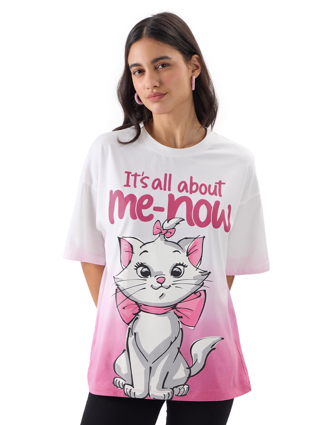 The Souled Store The Aristocats: It's All About Me-Now Women and Girls Short Sleeve Round Neck Graphic Print Oversized Fit T-Shirts White Oversized T Shirts for Women T-Shirt Girls Cotton Casual
