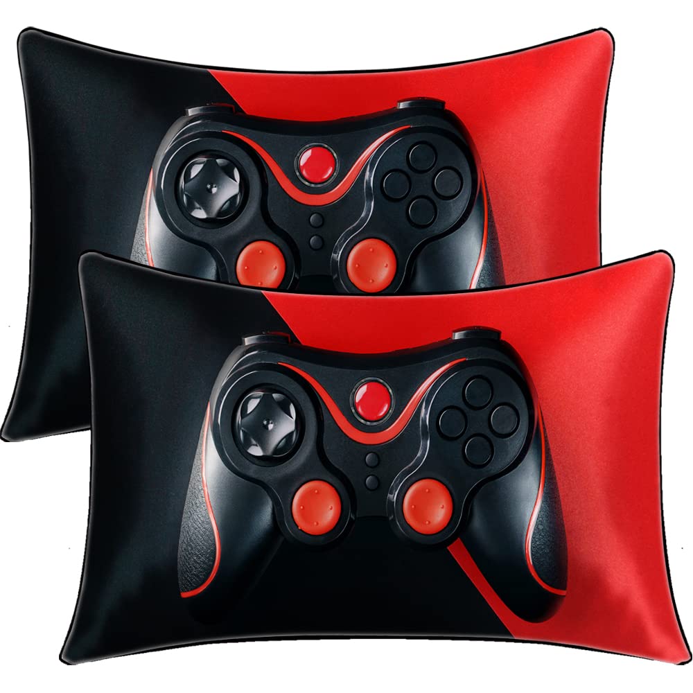 BlessLiving Boys Gamer Satin Pillowcase for Hair and Skin Silky Soft Pillow Cover - Set of 2 Pack Red Video Game Pillow Case with Envelope Closure, Black Gamepad Controller, Queen(20''x30'')