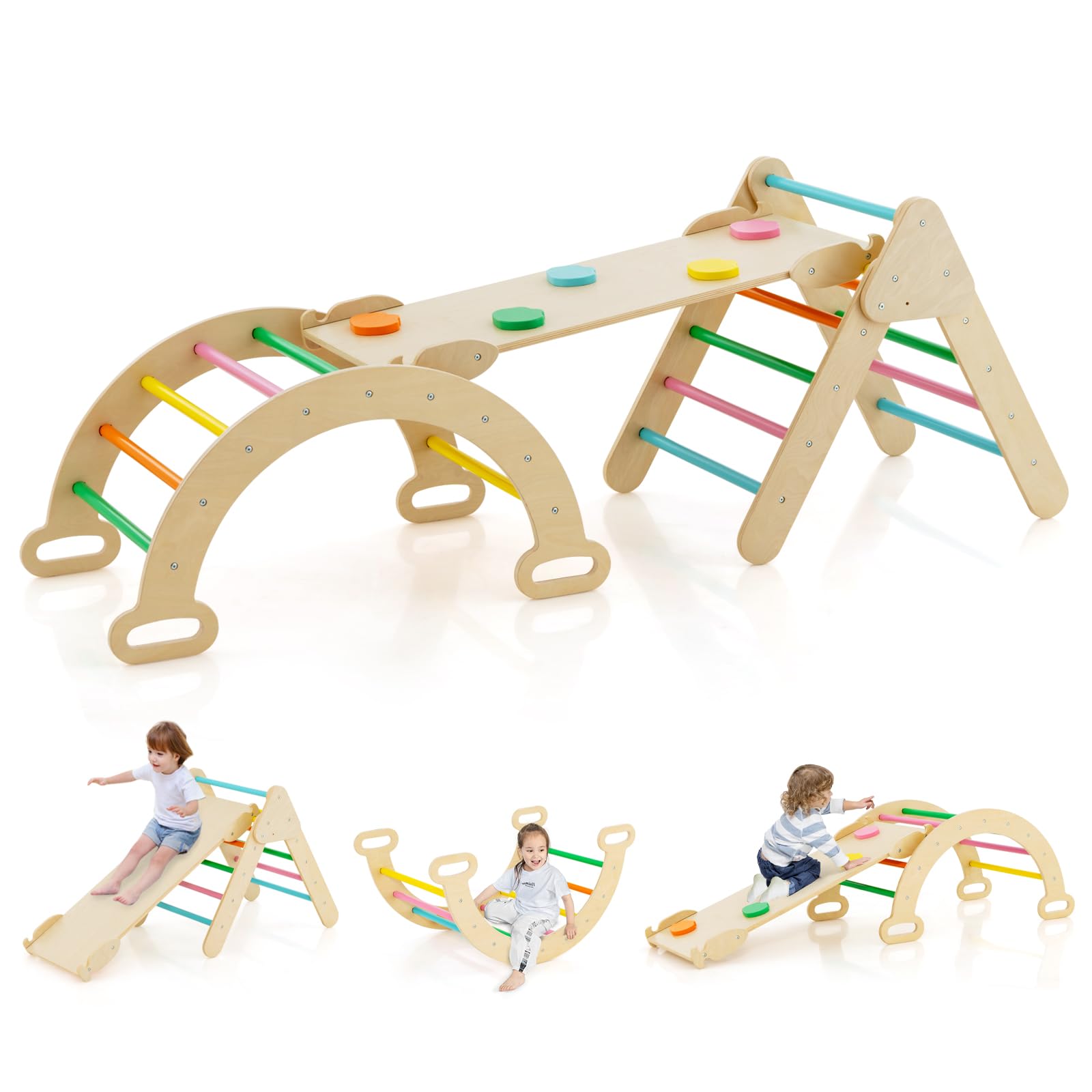 COSTWAY 4 en 1 Triángulo de Escalada de Madera para Niños, Juego de Escalada con Triángulo, Arco, Rampa para Deslizarse o Escalar, Set de Escalada Montessori para Niños 1+ Año (Multicolor)