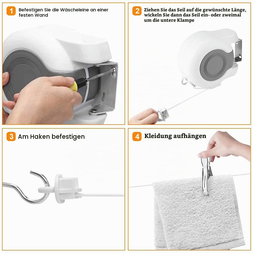 Wäscheleine Ausziehbar Wand, 2 x Ausziehbare Doppel-Wäscheleine Wandmontage für drinnen und draußen, für Badezimmer Camping Garten oder Reise