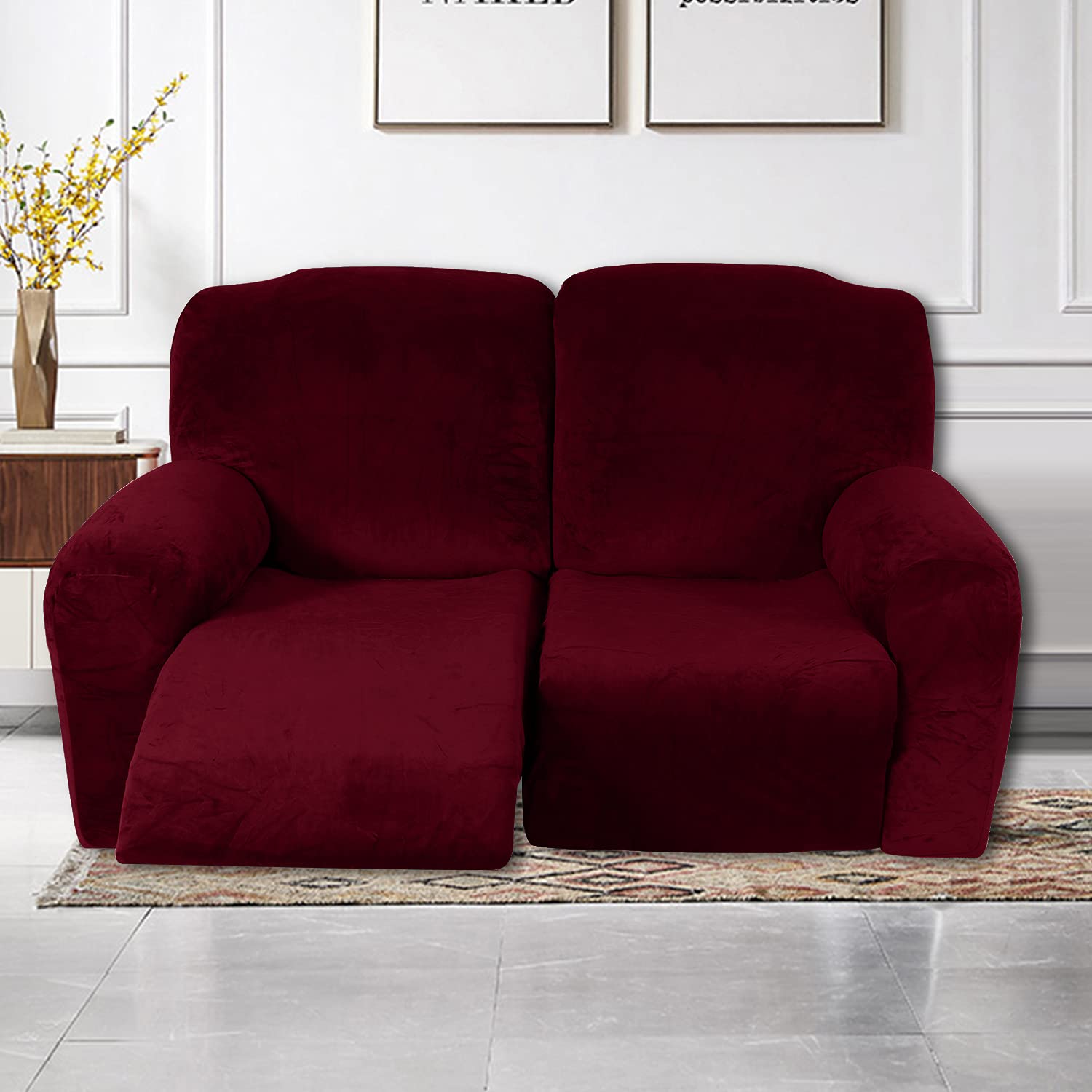 Housse de Fauteuil Inclinable Relax Extensible en Velours - Protecteur Lavable pour Fauteuil de Massage à la Maison (2 Places, 6 Pièces, Vin Rouge)