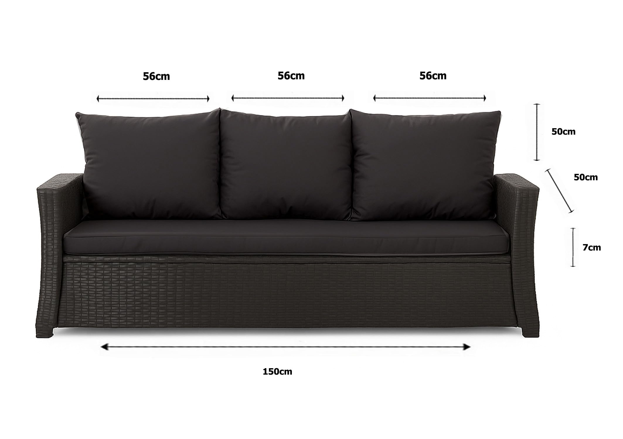 Cuscino per panca - Cuscino per seduta esterna per panca da giardino in polyrattan - Cuscino per panca per sedile in rattan dondolo (Nero, 150 x 50 x 50 cm)