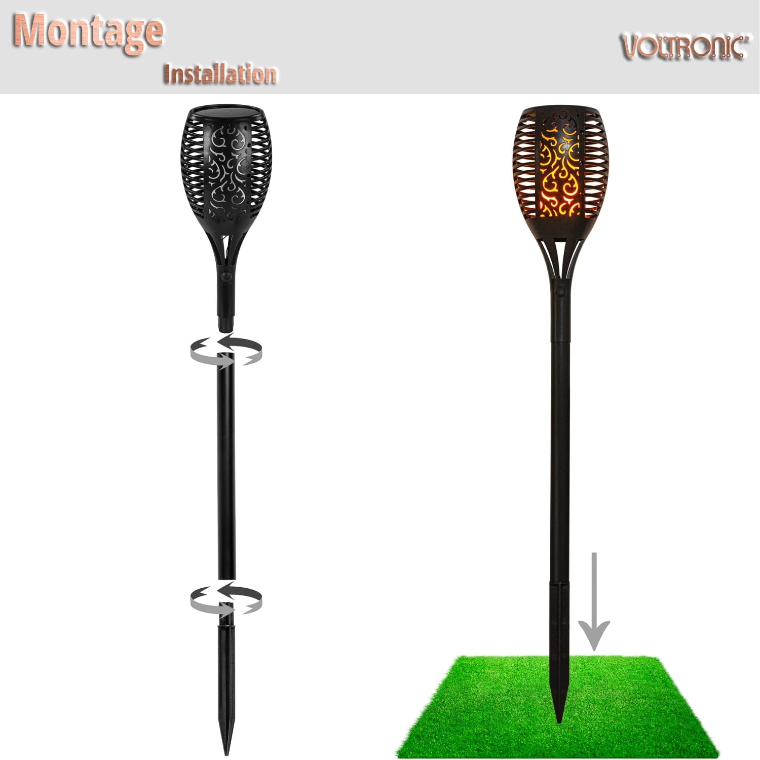 VOLTRONIC Solar Gartenfackel 33 LEDs, innen und außen, IP44, Erdspieß, Setwahl, 2er Set