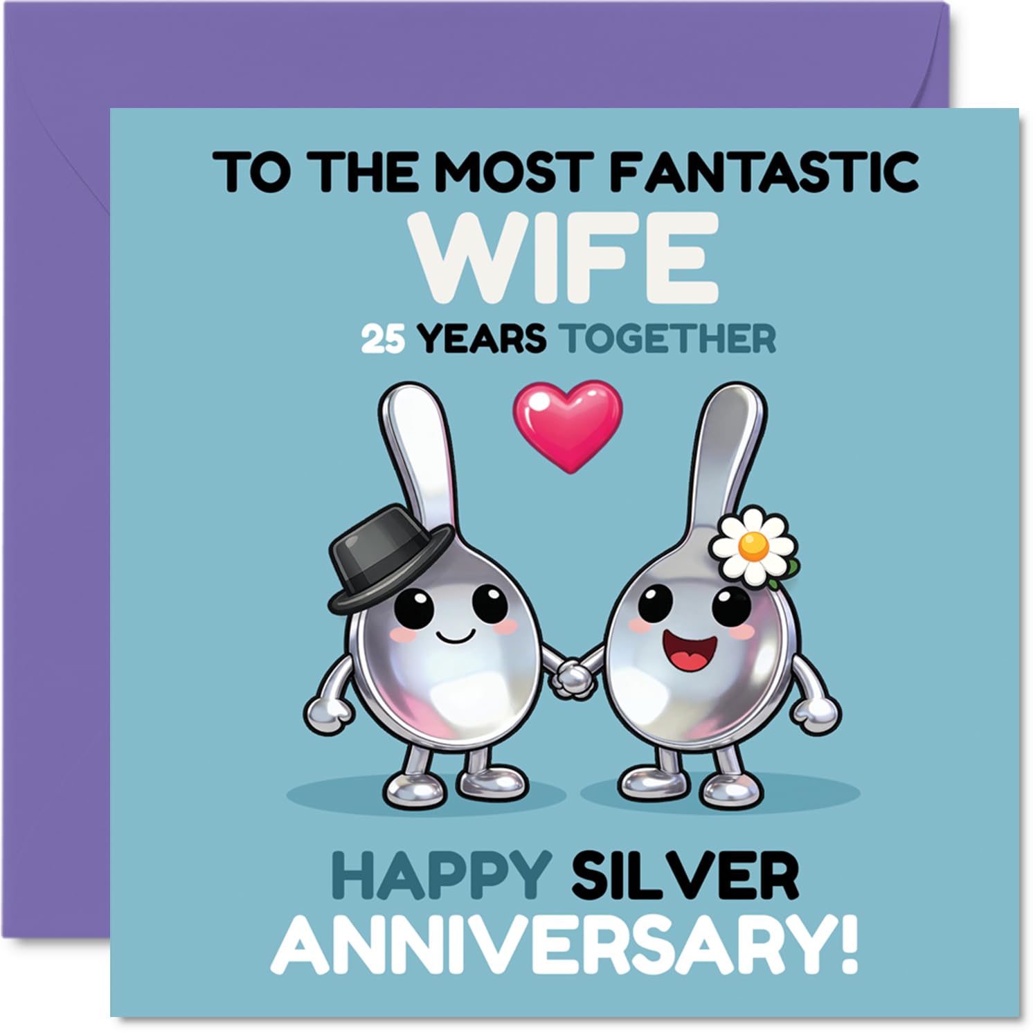 Playful 25th Anniversary Card for Wife - Two Spoons Holding Hands - Quirky Cartoon Design for a Silver Milestone - 145mm Square, Envelope Included