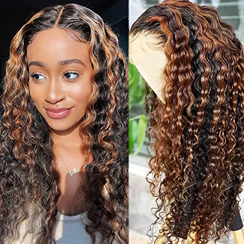 Haha Brown Highlight Ombre Curly Lace Front Wig 4x4 Human Hair Deep Wave Ombre Lace Closure Wig Pre Plucked with Baby Hair 14 Inch 150% Density Colored Balayage