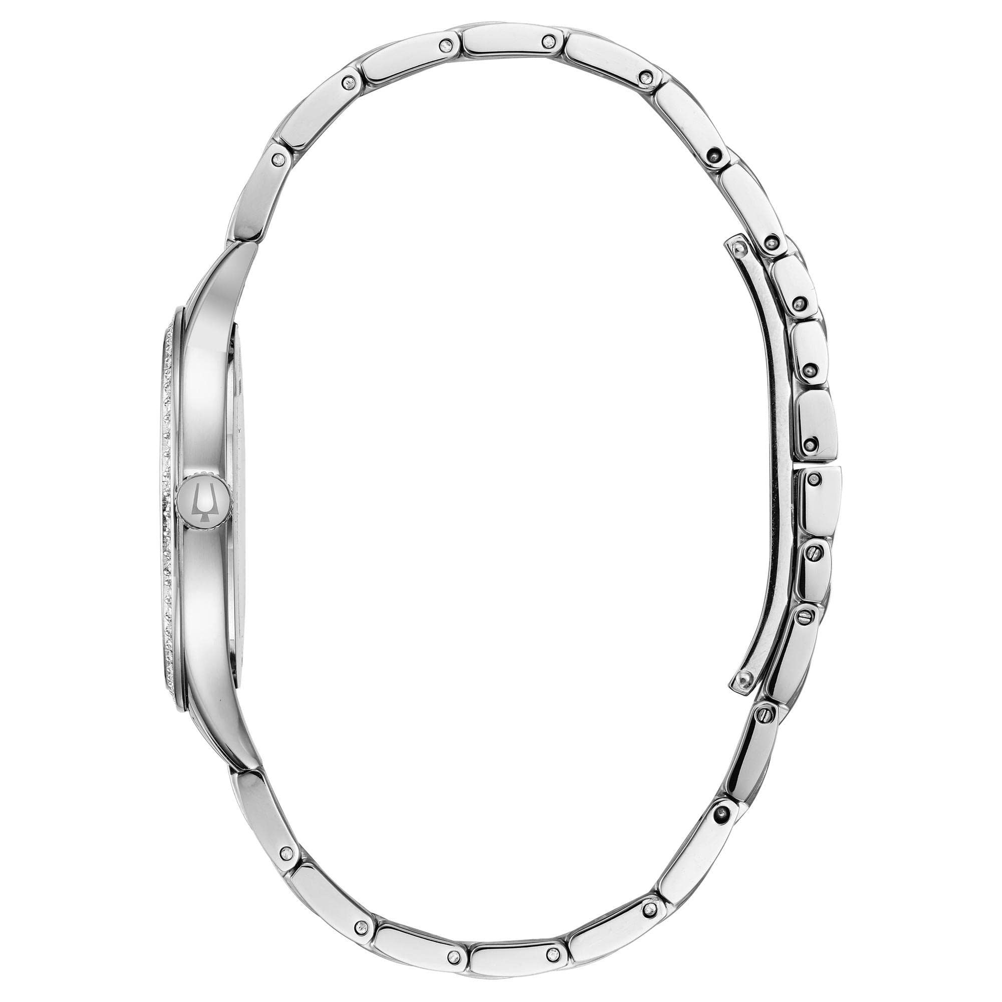 Bulova Ladies' Crystal Stainless Steel Box Set with White Mother-of-Pearl 3-Hand Quartz Watch and Gold Tone Crystal Bangles Style: 96X145