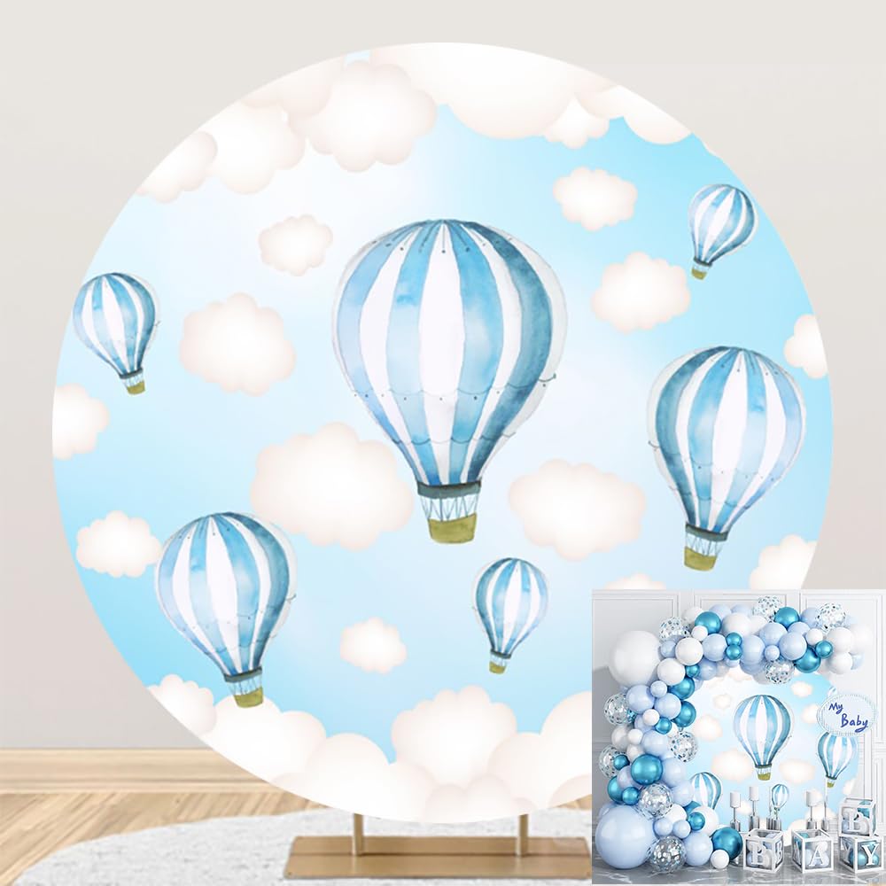 TTQYFNM 7x7ft Blue White Hot Air Balloon Round Backdrop Cover Polyester Blue Sky White Clouds Circle Photography Background for Kids Boys Baby Shower