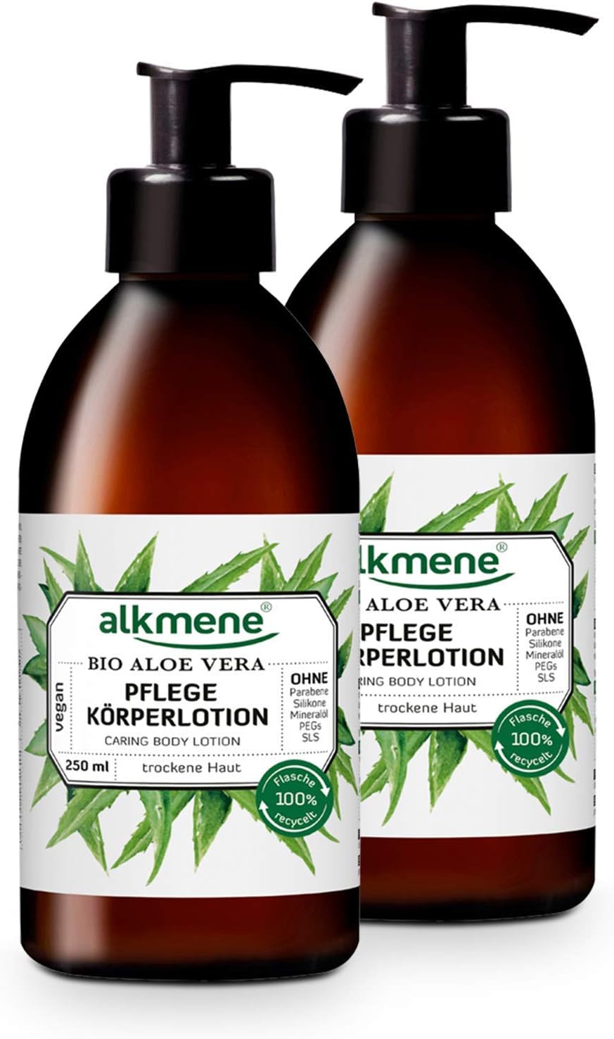 alkmene care body lotion with organic aloe vera - body lotion for normal to dry skin - vegan body care without silicones, parabens, mineral oil, PEGs, SLS & SLES in - lotion 2-pack (2x 250 ml)