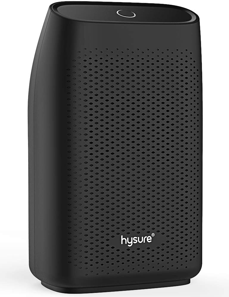 Hysure Compact Dehumidifier with dimensions labeled: 10.5 inches height, 4.2 inches depth, 6.4 inches width.