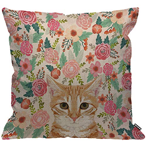 HGOD Designs Funda de cojín con diseño de gato de color naranja, retrato y flores de primavera, funda de almohada decorativa para el hogar para hombres y mujeres, sofá, silla de 45 x 45 cm Cover
