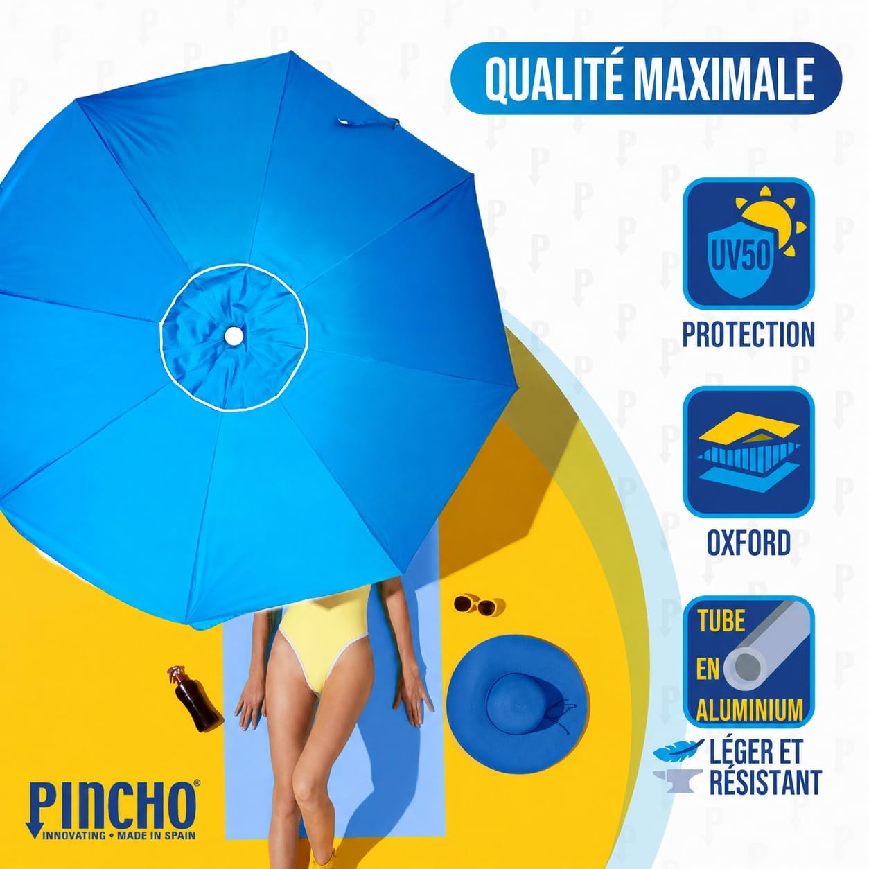 Pincho Grand parasol de plage 240 cm d'arc, anti-vent jusqu'à 35 km/h, protection UV 50, matériaux de qualité, 8 baleines en fibre de verre, bâton inclinable