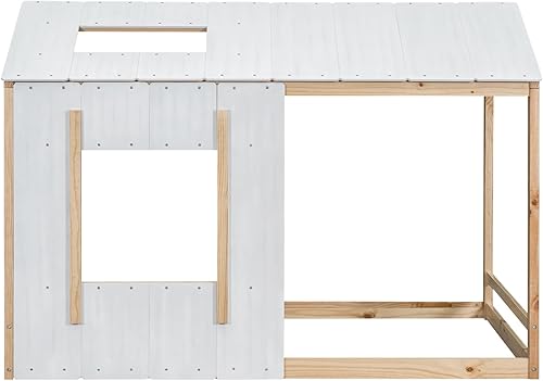 Miniatura 5 de Cama individual para niños, cama Montessori con techo y ventana, marco de madera con estilo cabaña de diseño rústico, casa de juegos para niñas,