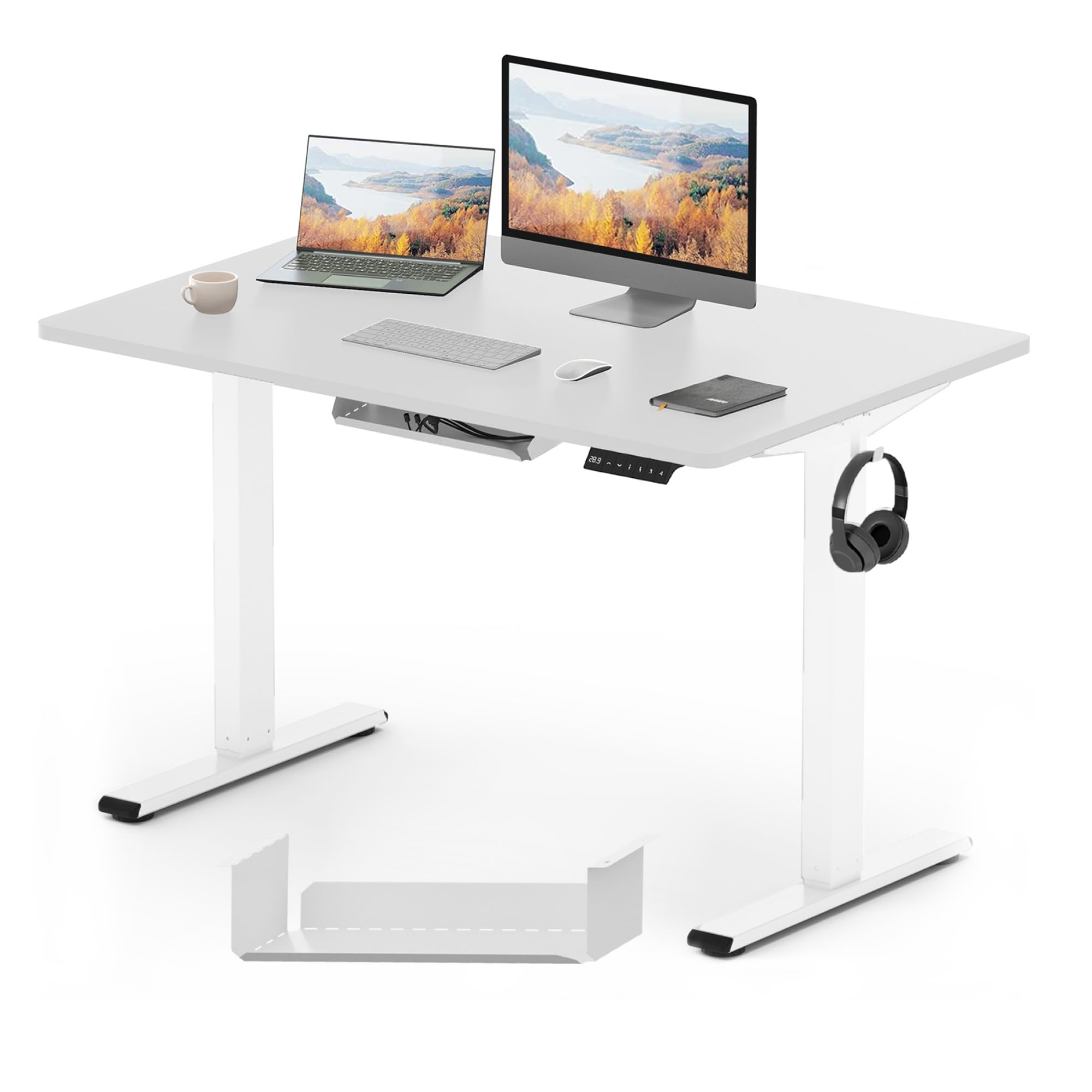 FLEXISPOT ONE PIECE Electric Standing Desk Height Adjustable Sit Stand Desk Heavy Duty Steel for Home Office (120 * 60cm, White Frame+ White Desktop)