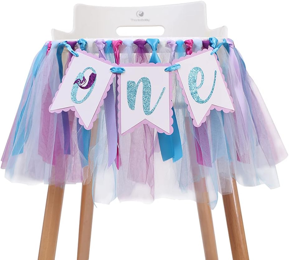 Mermaid's 1st Birthday High Chair Banner - a Flag, Under The Sea Garland, Purple and Light Green Party Decorations. The Mermaid Smashes The Cake. (Mermaid Banner)