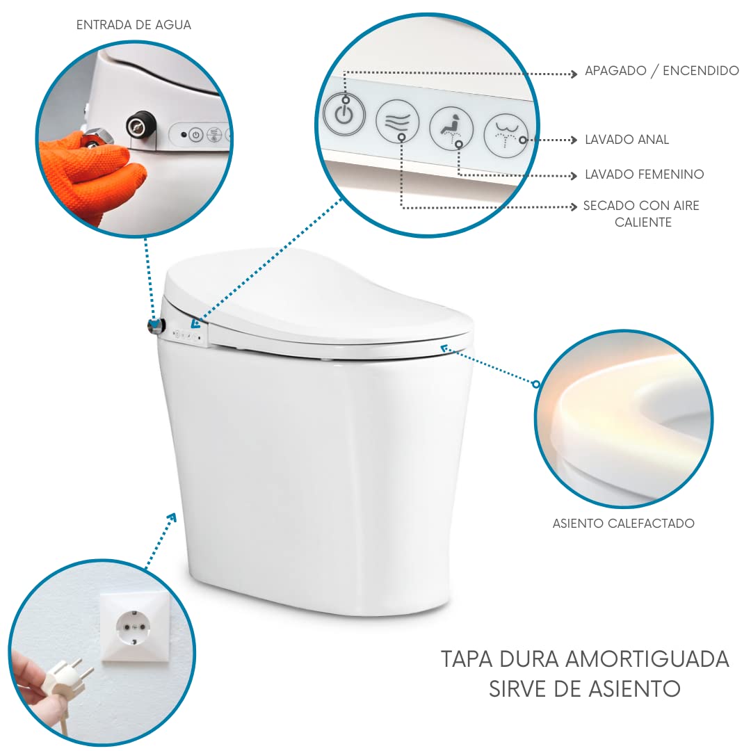 Nashi - Inodoro Japonés | Inodoro Compacto con Bidet | Diseño sin Cisterna, Sistema Fluxom | Descarga Auto | Luz de Cortesía | Asiento Calefactable, Agua Caliente y Secado | WC Inteligente | Yaiza Pro