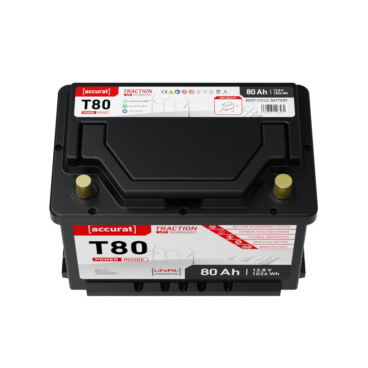 Accurat Traction T80 LiFePo4 Versorgungsbatterie, 80Ah, 12V, BMS, Camper | zyklenfest, flexibler Einbau, Deep Cycle Lithium Batterie für Camping, Wohnmobil, Wohnwagen, Boot, Marine, Solarbatterie