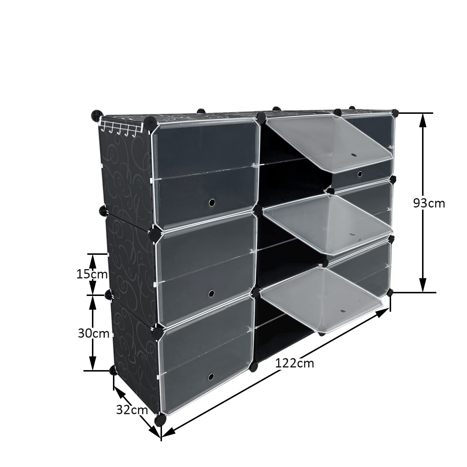 DIY Schuhregal 3x6 Ebenen – 122x32x93 Cm, Aus PP-Kunststoff. Mit Türen, Max. 10 Kg Pro Fach. Für Flur, Schlafzimmer Oder Büro.