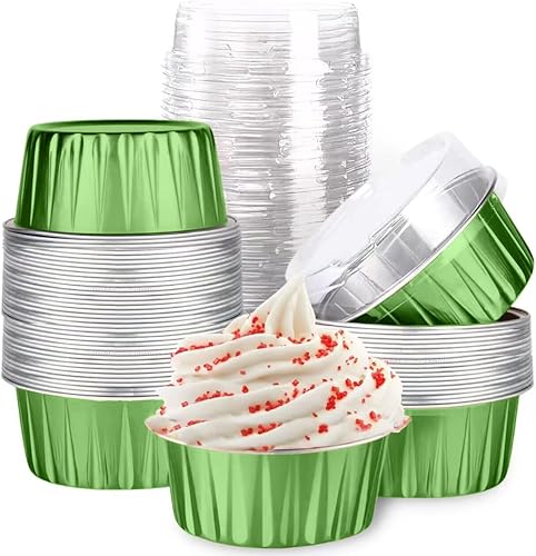 Mini tazas de papel de aluminio para hornear cupcakes con tapas (40 unidades, 5 onzas), forros redondos de papel de aluminio para cupcakes, soporte