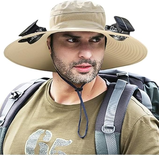 Sun Hat with Solar Powered Fan Wide Brim UV Protection Fishing Hat, Dual Fans Cooling Cap for Men & Women, USB Rechargeable