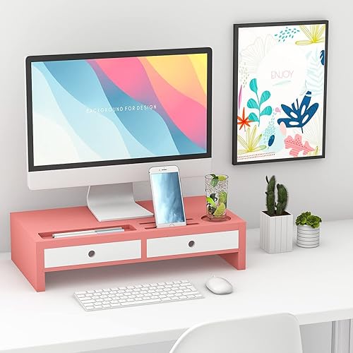 Miniatura 8 de Soporte elevador para monitor con cajón, soporte para laptop rosa y blanco, organizador de estante de escritorio de bambú para computadora, TV,