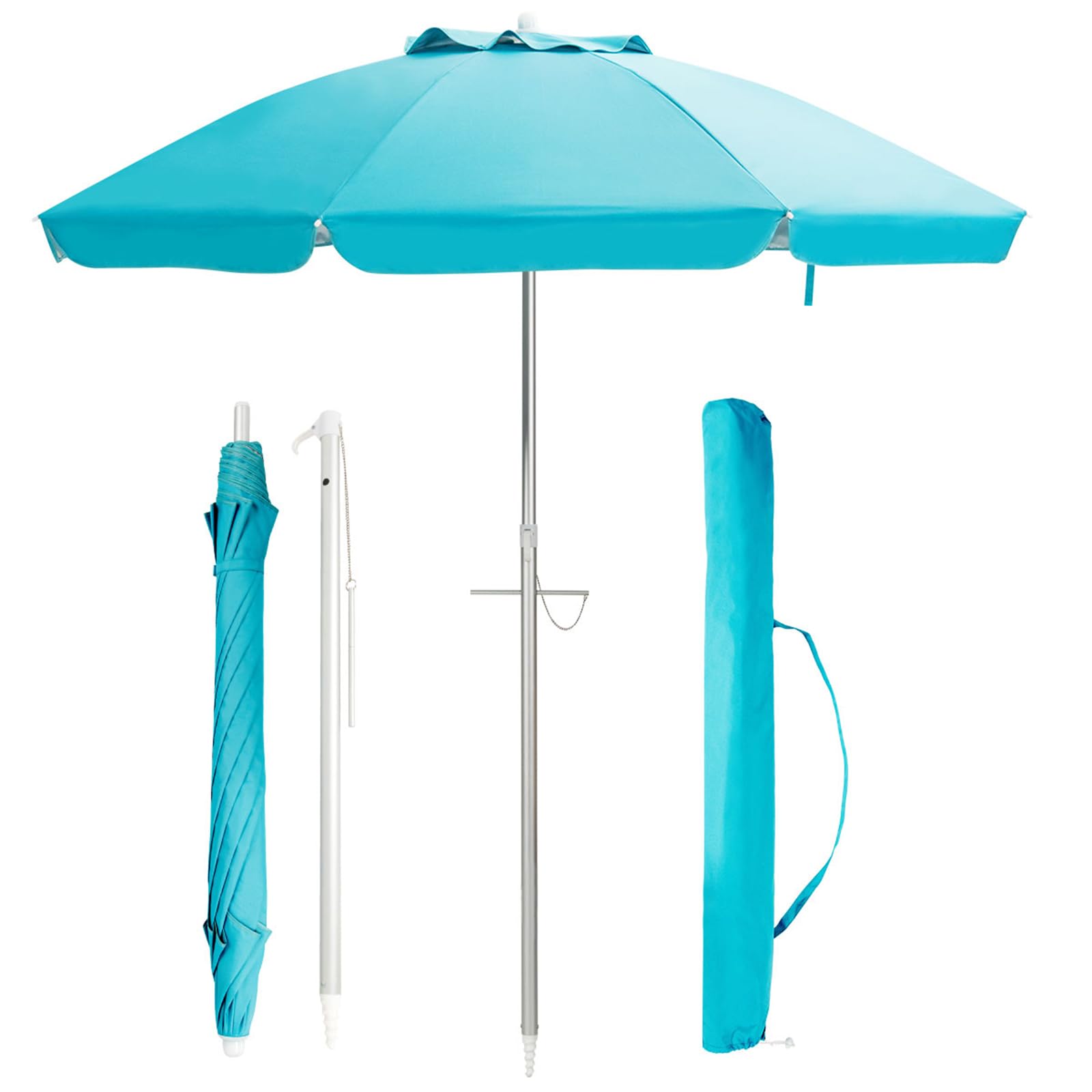 COSTWAY Ombrellone da Spiaggia 198 cm, Parasole Esterno con Palo Inclinabile in Alluminio, Anti UV 50+, 8 Stecche, Blu