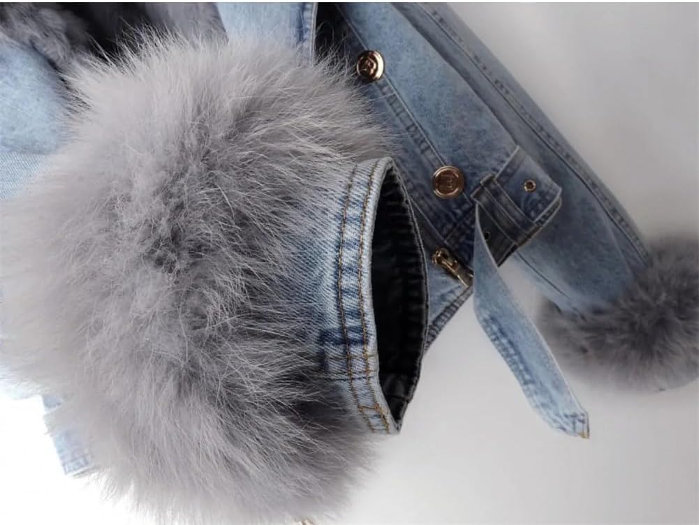 Chaqueta Vaquera con Cuello de Pelo cálido de Invierno para Mujer Chaqueta Corta de Felpa Gruesa con Forro elástico Chaqueta Holgada Desmontable de Invierno con Pelo Grueso