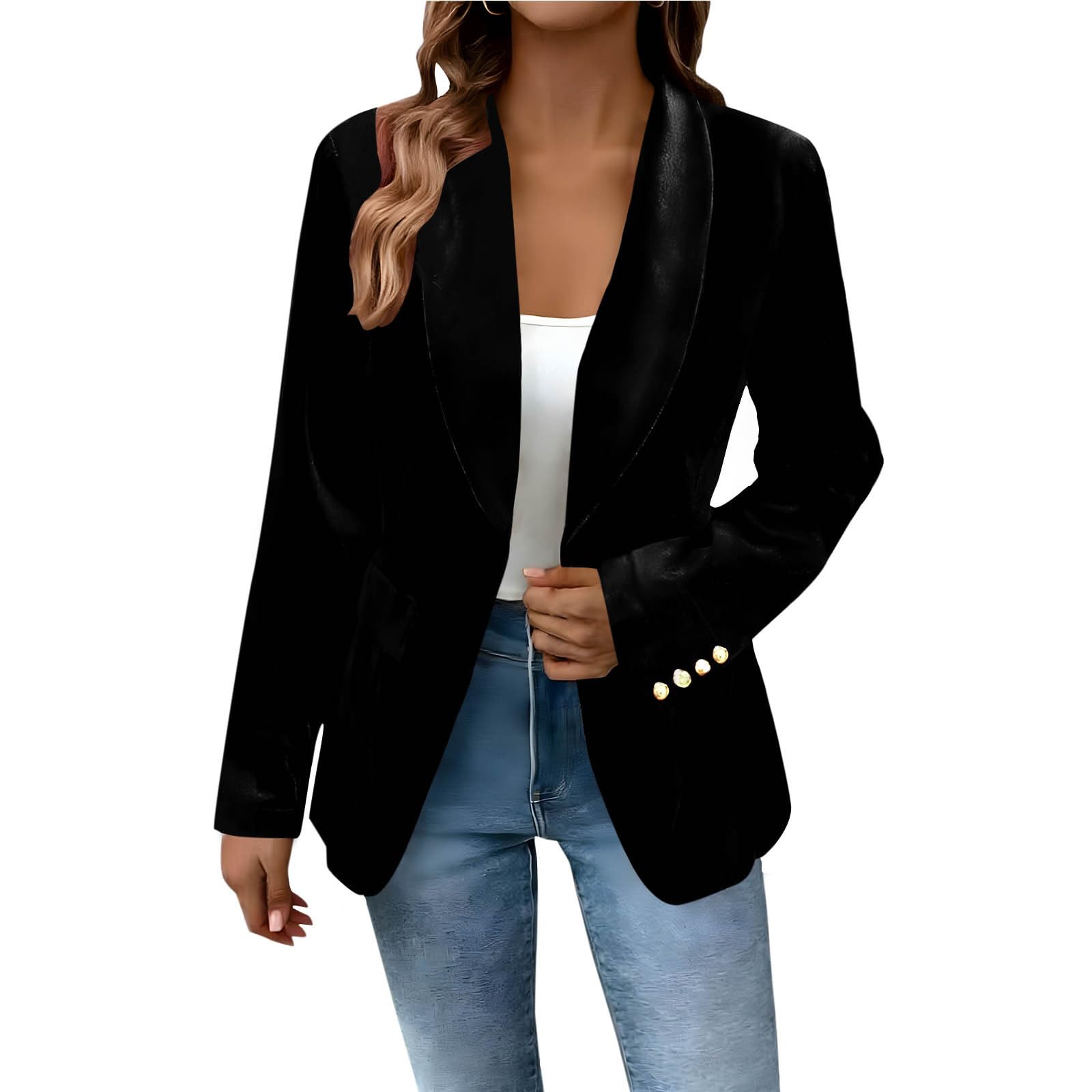 Velvet Blazers for Women Business Casual Notch Lapel One Button Suit Jacket Elegant Long Sleeve Slim Fit Fall