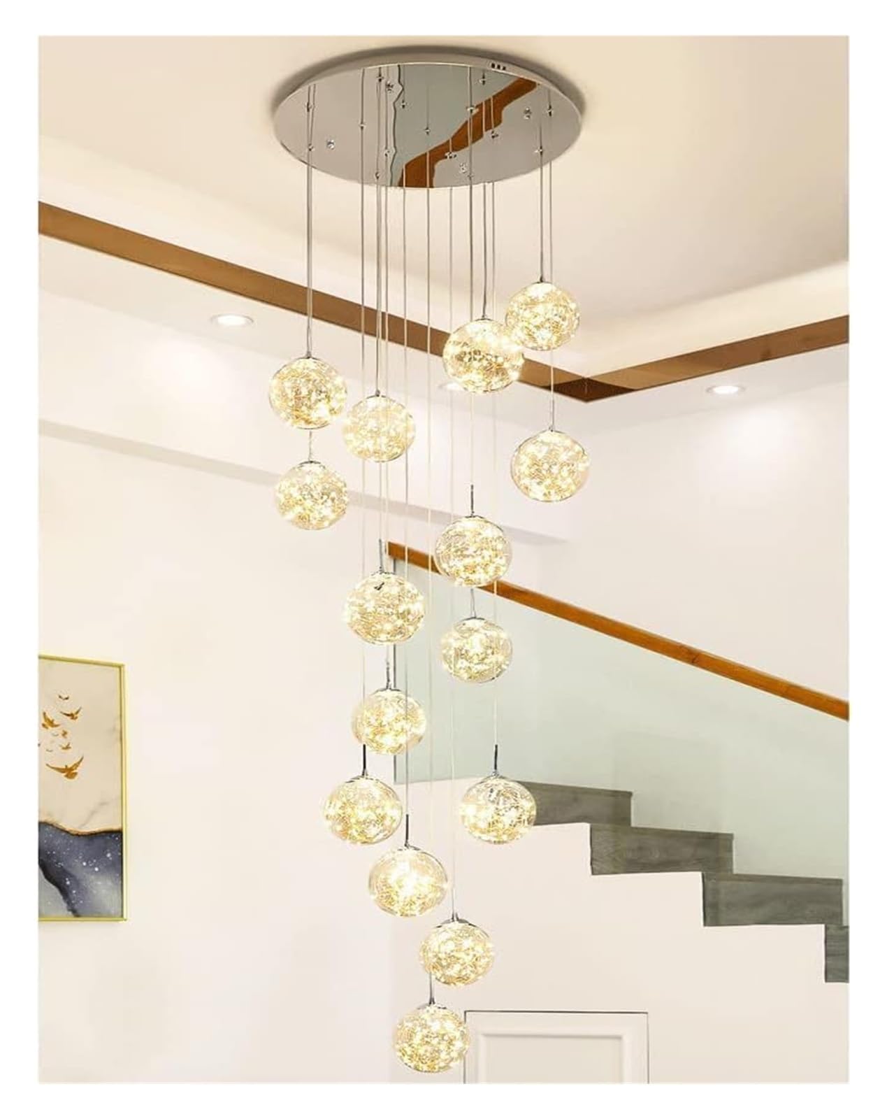 KXEcoLife 15 Glass Ball Pendant Light - Adjustable Staircase Chandelier Modern Gypsophila Hanging for Stairwells & Living Rooms Elegant Beige Finish