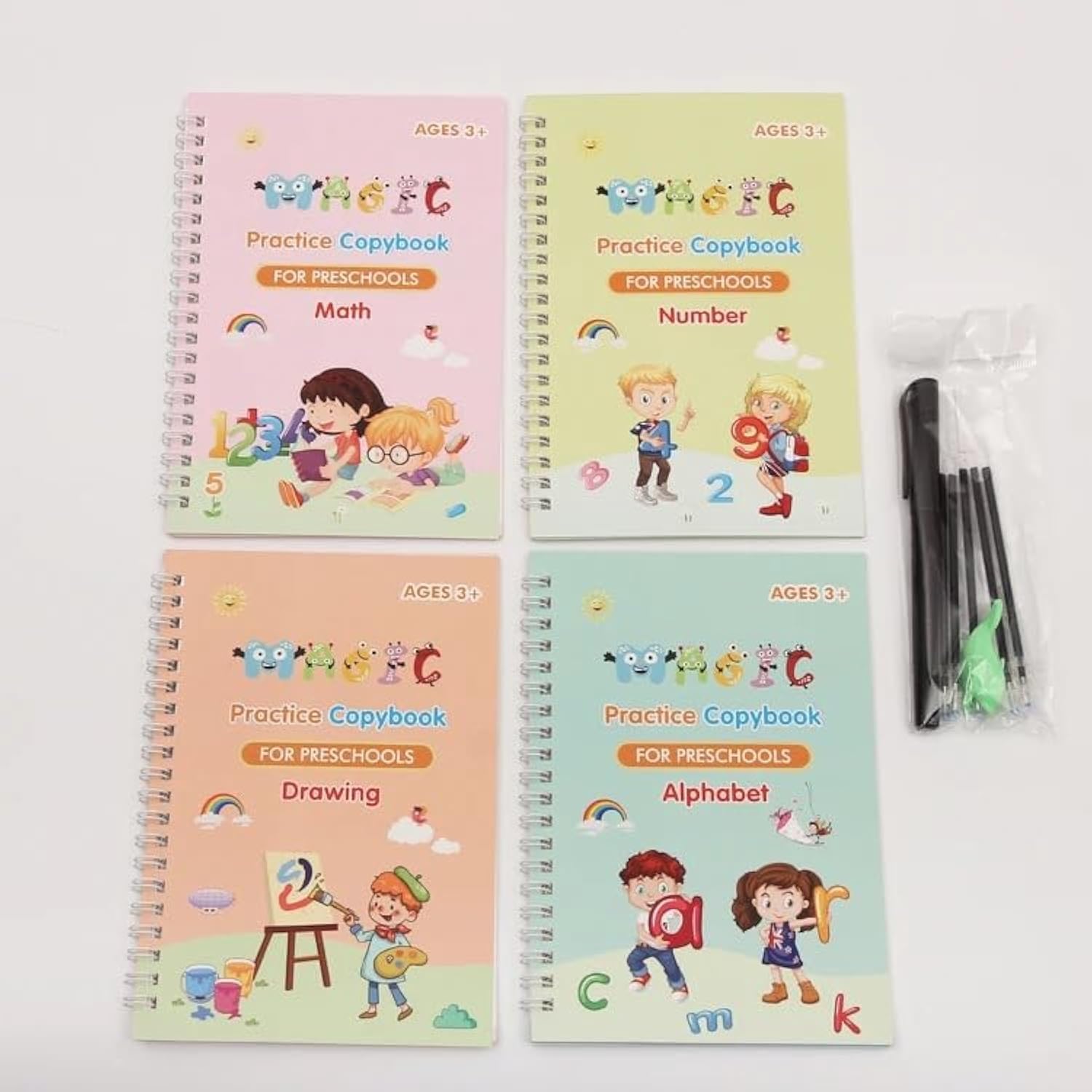 4PCS Magic Copybook for kids Reusable Handwriting Tracing Practice kit Preschool Calligraphy Set included Easy Grip Pen & Refill 4 books Math Numbers English Alphabet Letter Drawing (Small)