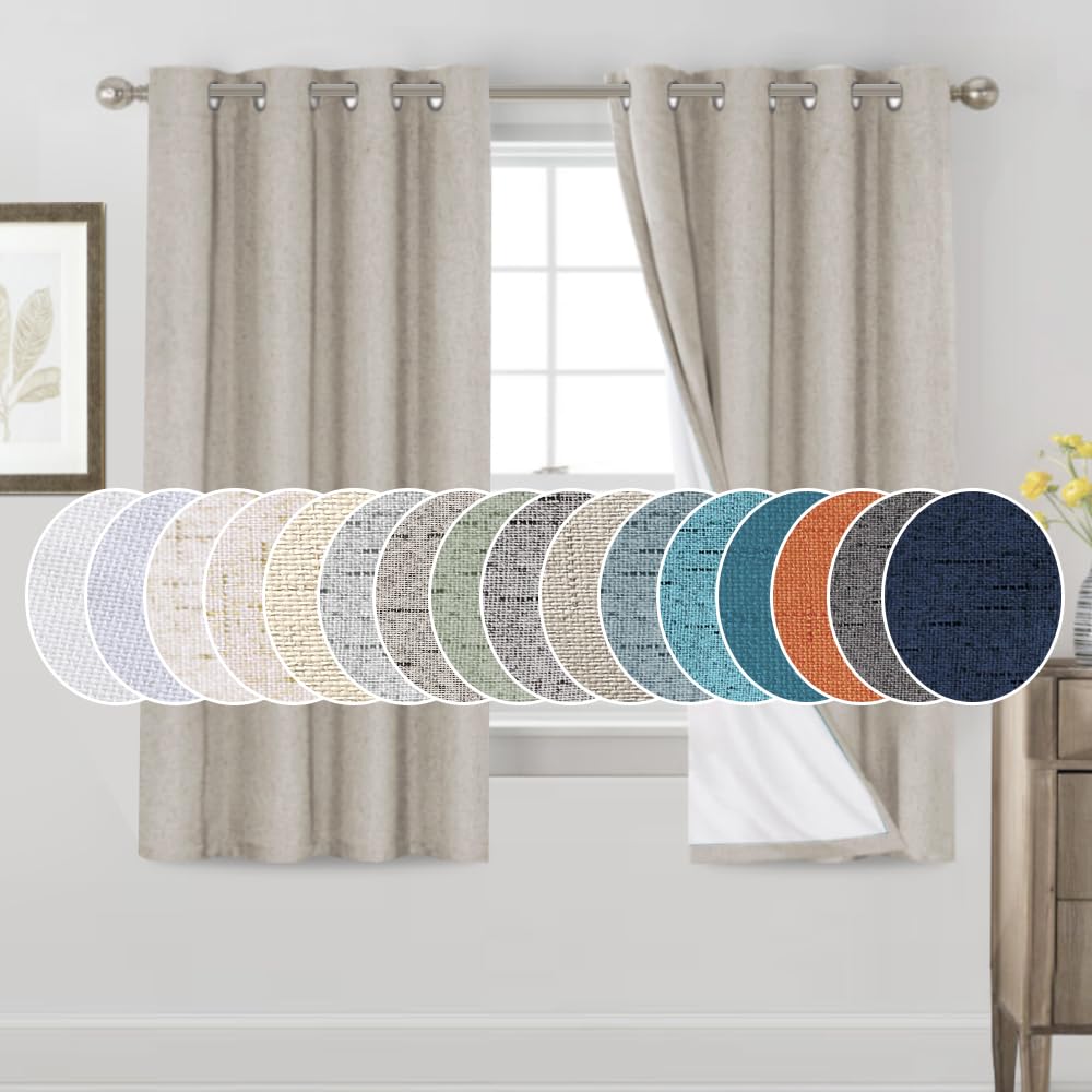 PrinceDeco Blackout Curtains 63 Inch Length Linen Texture Drapes for Bedroom Living Room Thermal Insulated with White Liner Grommet Room Darkening