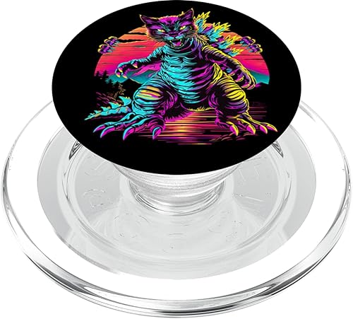 Streetwear Synthwave 80s 90s Catzilla graphic Cat Japanese PopSockets PopGrip for MagSafe