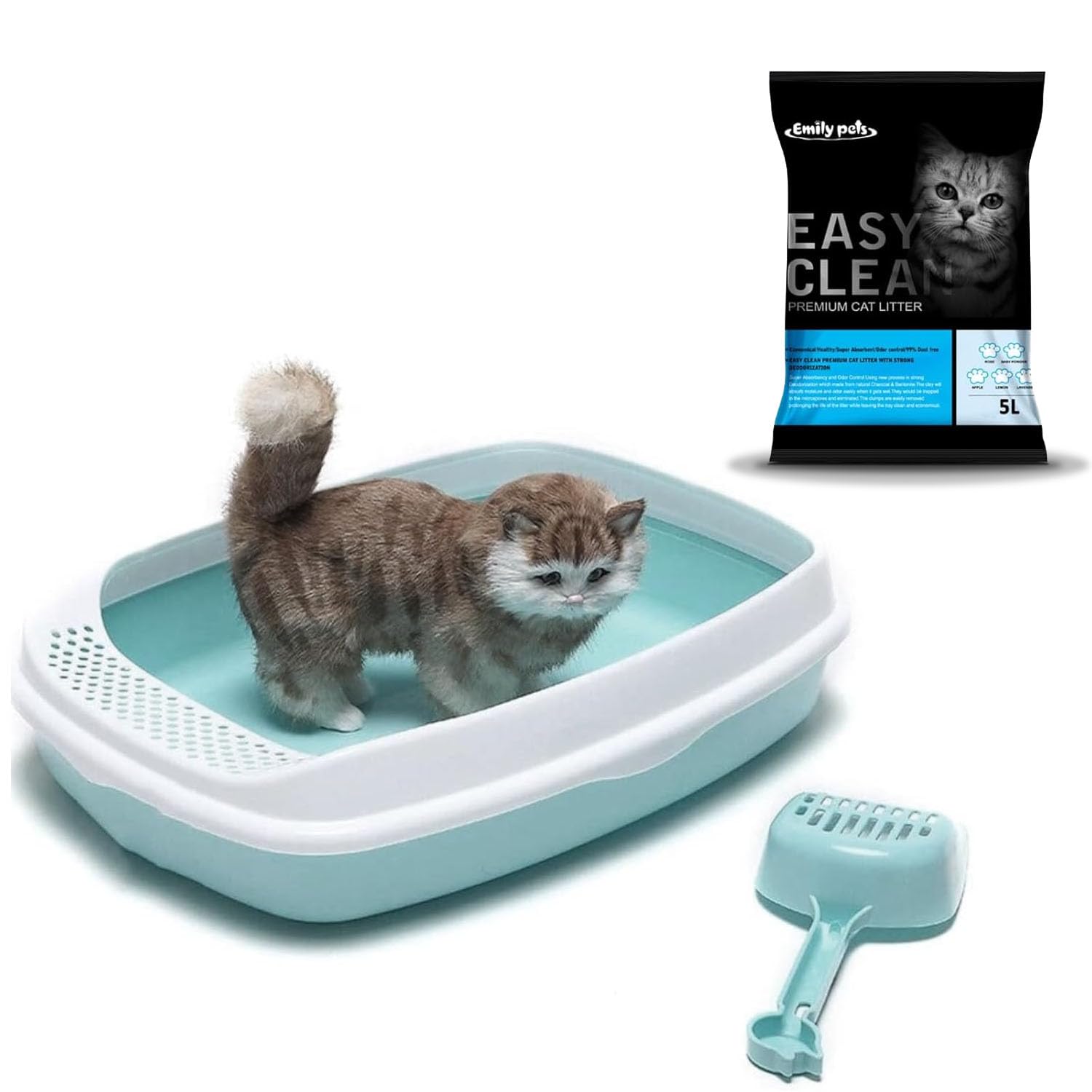 Emily Pets Cat Litter Box Open Cat Litter with Cat Toilet Large Space Large Capacity Pet Supplies Cat Litter and Free 5L Cat Litter and Spoon (Blue) (B0CJ2T182Y) Amazon Price History, Amazon Price Tracker