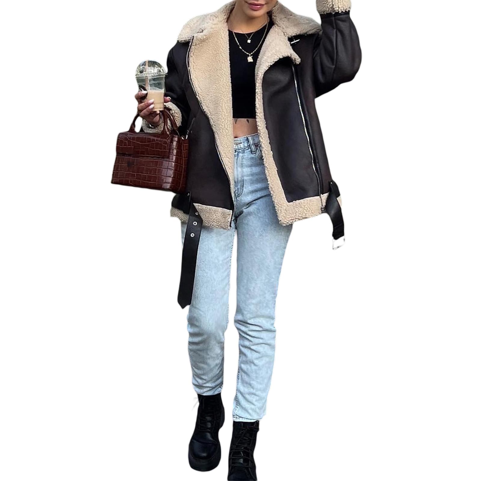 YILEEGOO Women Faux Lamb Fur Leather Short Jacket Lapel Zipper