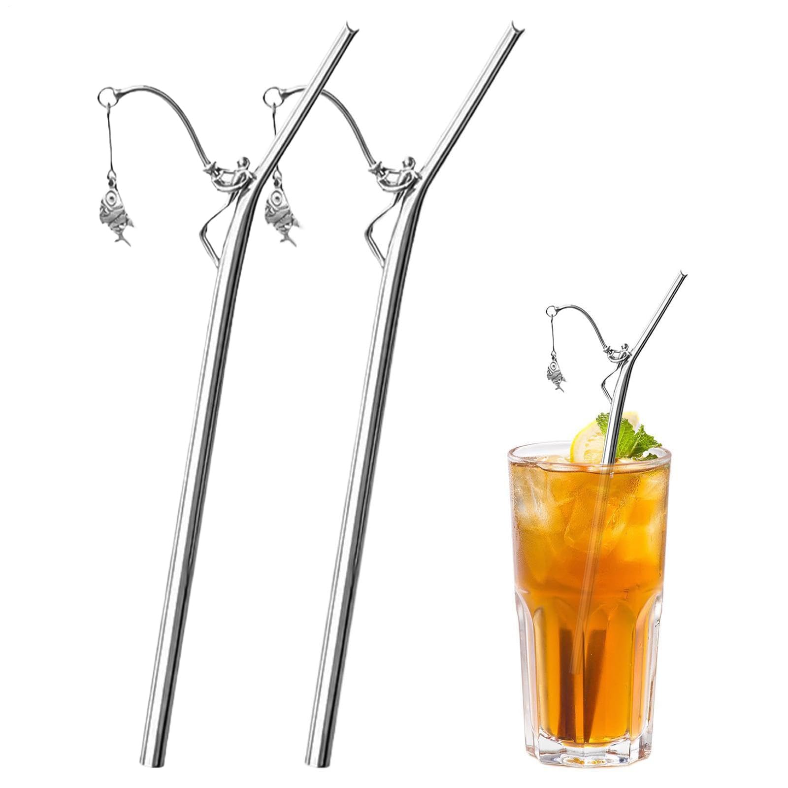 Paille canne à pêche inox pour apéritif et pique-nique en plein air x2