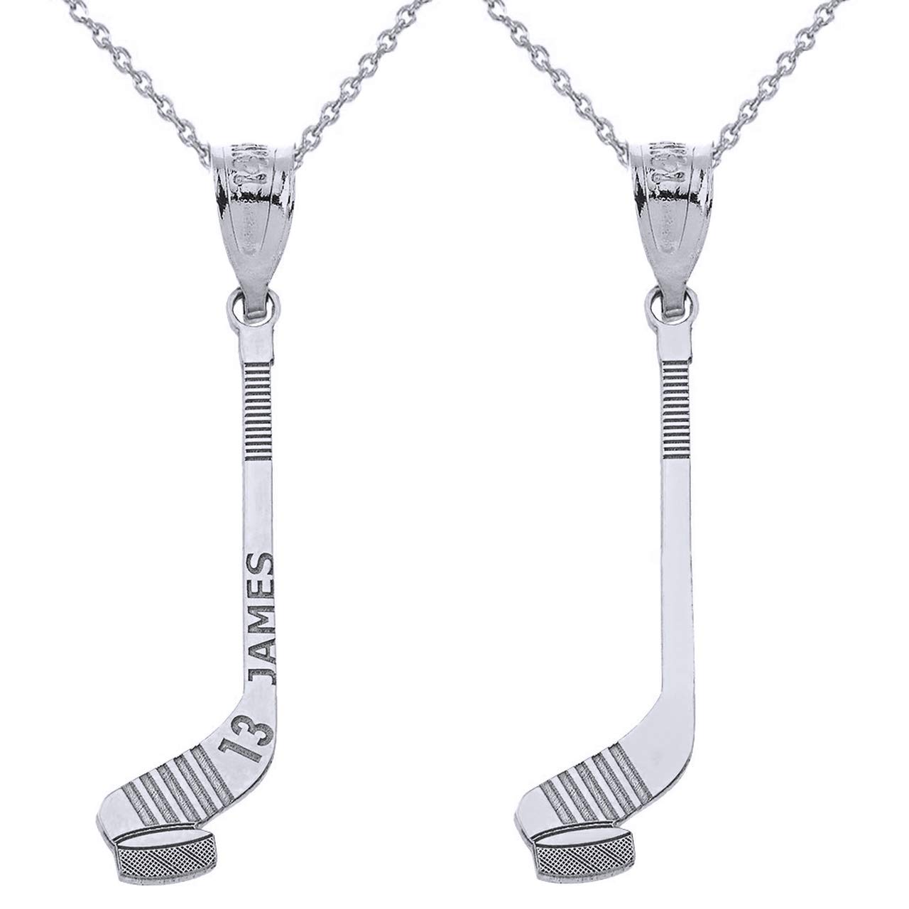 Claddagh Gold Winter Sports .925 Sterling Silver Customized Ice Hockey Stick and Puck with Your Name and Number - Choice of Pendant Only or Chain