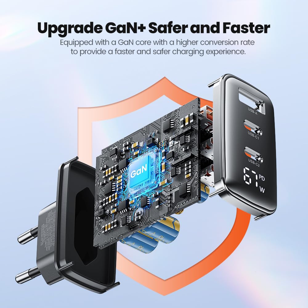 Toocki - Ładowarka GaN 67W do europejskich gniazdek ściennych, 2x USB-C, 1x USB-A, cyfrowy wyświetlacz watów, kompatybilna z PD 3.0, QC4+, PPS, dla iPhone, MacBook, iPad, Samsung Galaxy, Xiaomi,