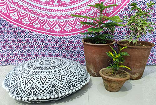INDIAN CRAFT CASTLE 24\" Grey Ombre Mandala Barmeri Large Floor Pillow Cover Cushion Meditation Seating Ottoman Throw Cover Hippie Decorative Zipped Bohemian Pouf Ottoman Pom Pom Cases 24\" Round