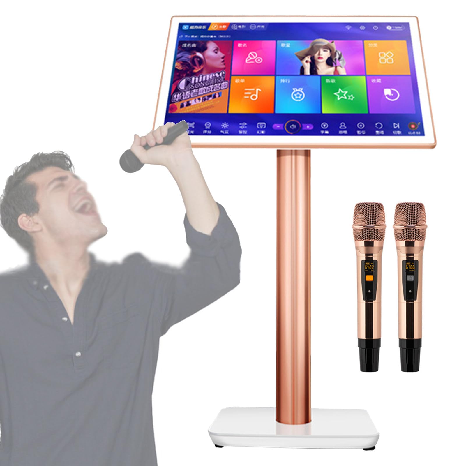 UWYTGF Karaoke Machine, 22 inch Capacitive Touch Screen Professional Karaoke Player with Wireless Microphone and 27 Languages ??Switch for Home Party Bar (White 8TB)