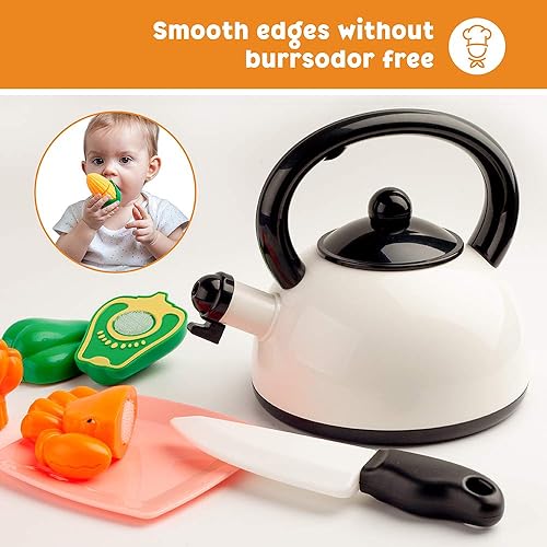 Miniatura 5 de D-FantiX Juego de accesorios de cocina para niños, ollas y sartenes para niños pequeños, juguetes de cocina para niños con utensilios, cuchillo,