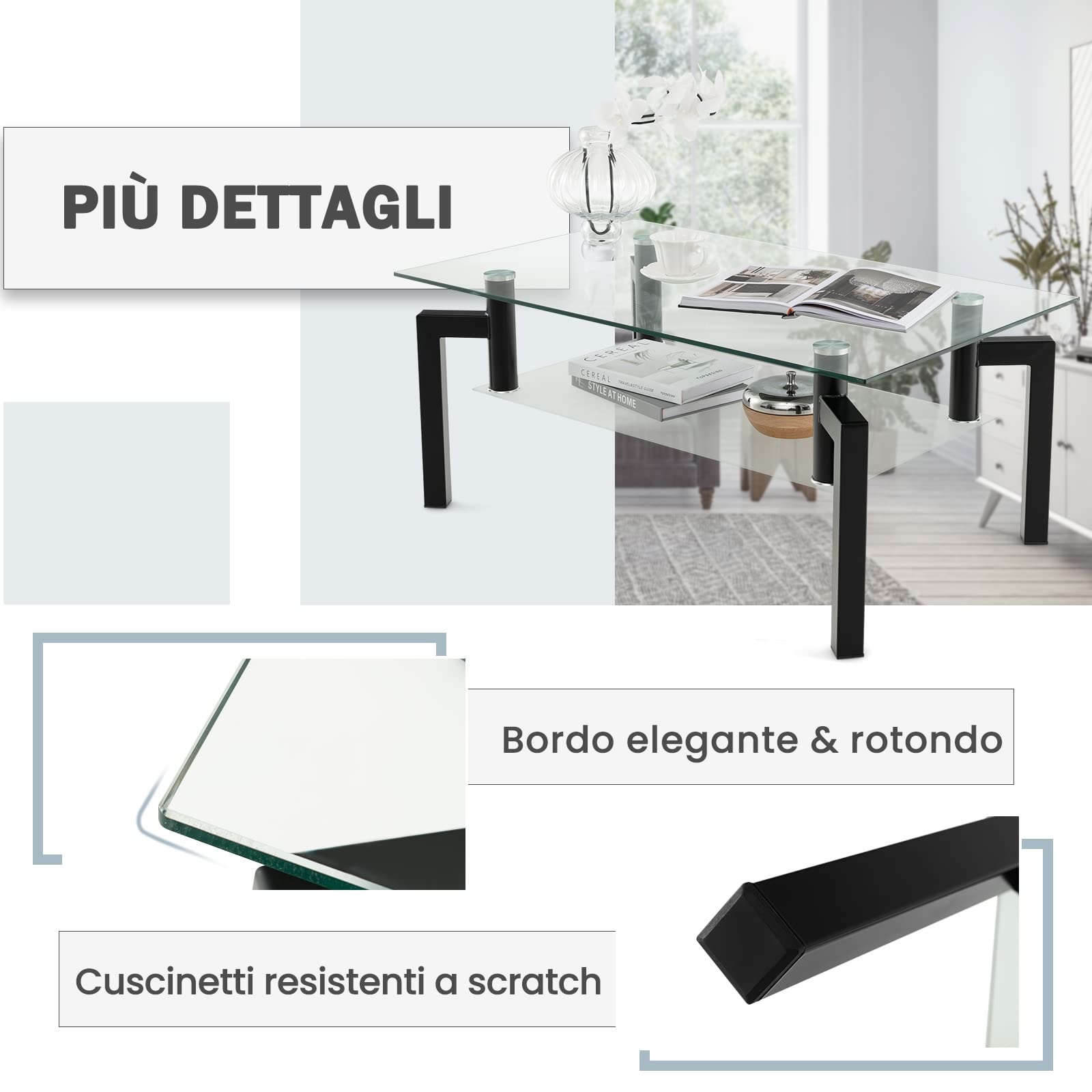 COSTWAY Tavolino da Salotto in Vetro Temperato Moderno, Tavolo Basso Rettangolare a 2 Livelli con Struttura in Metallo, Tavolino da Caffè per Soggiorno e Ufficio, 100 x 60 x 43 cm