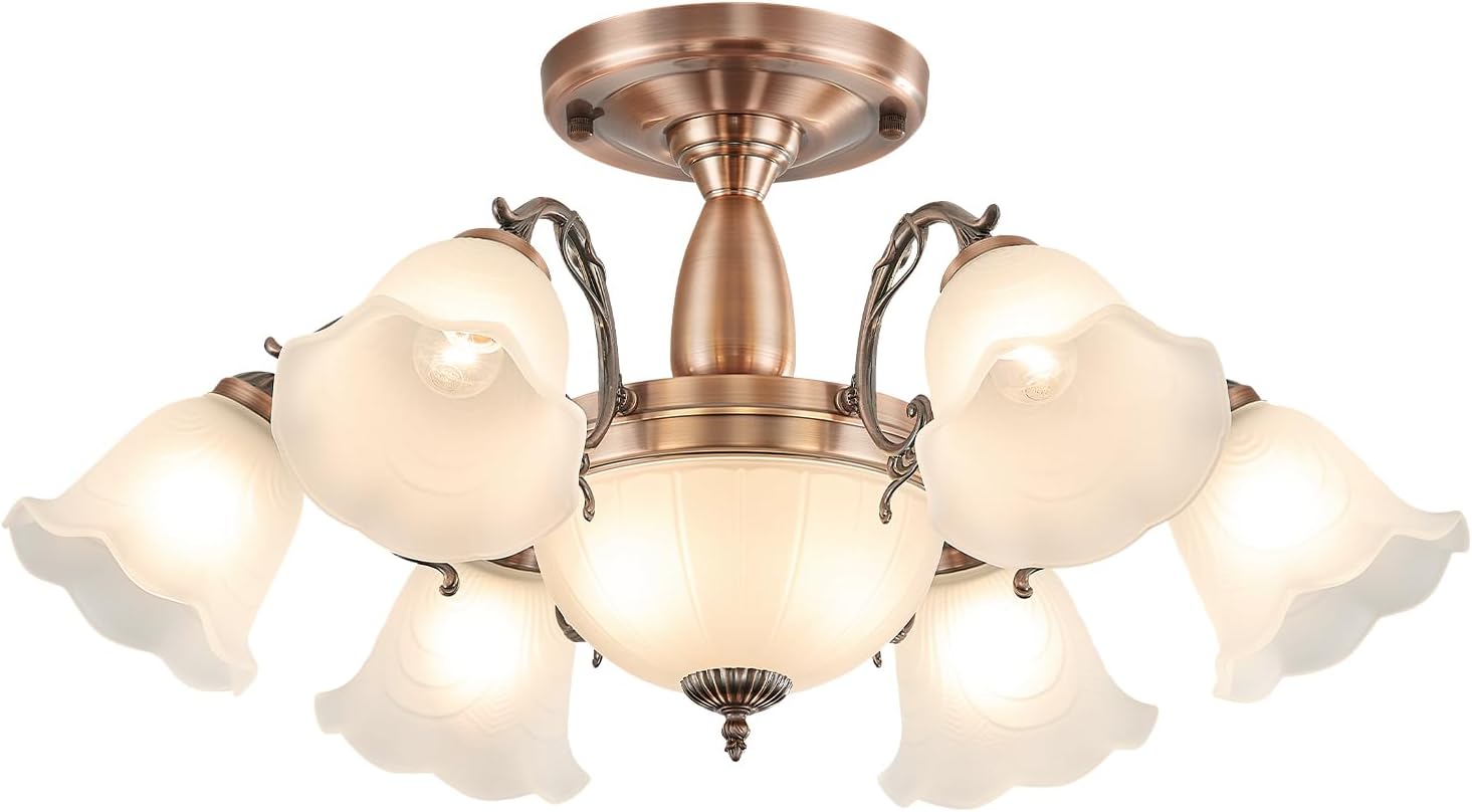 Mid-Century Modern Ceiling Light Red Chrome Nickel Semi Flush Mount Ceiling Lamp with Flower Frosted Glass Shades Chandelier Farmhouse Ceiling Lighting for Bedroom Kitchen Island Dining Room Entryway